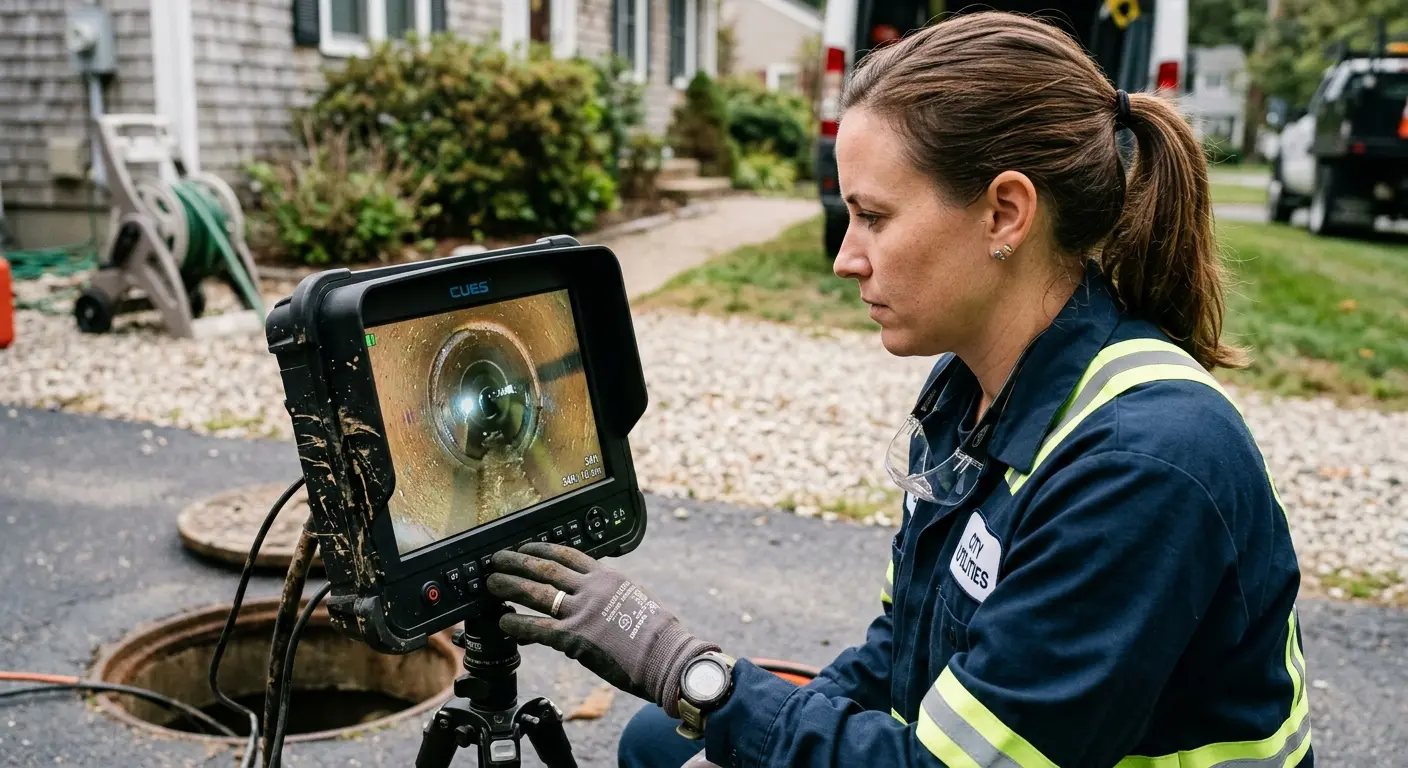Technician reviewing sewer camera inspection footage in Scarsdale