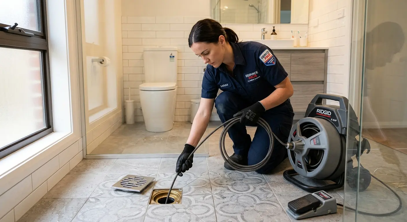 Technician clearing a bathroom floor drain for Sewer Line Replacement in Scarsdale
